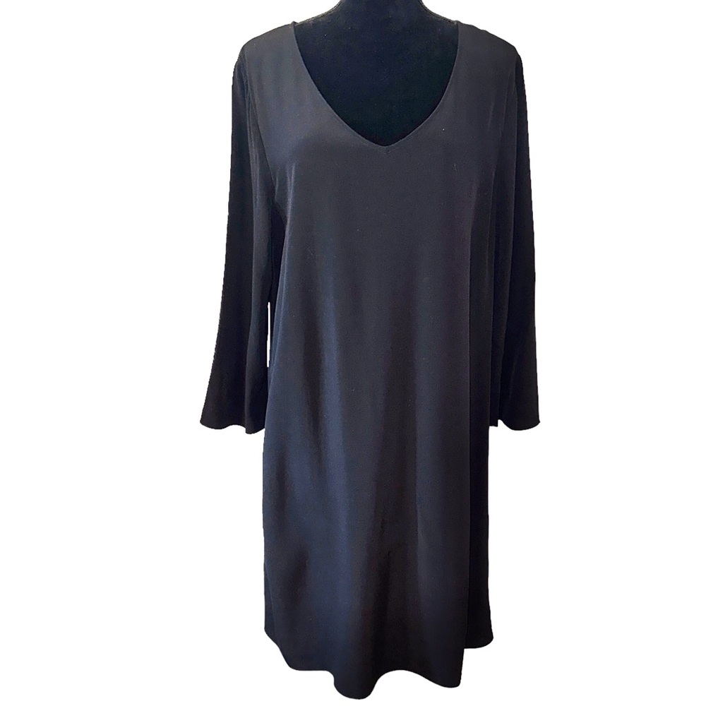 Eileen Fisher Black Dress Womens Size M Long Sleeves Knee Length Shift V Neck